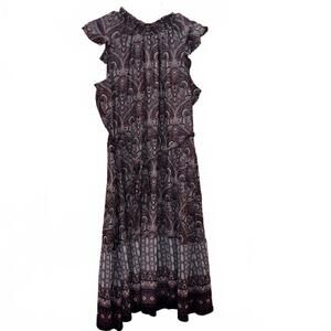 Nina Leonard XL Paisley Print Dress Ruffle Sleeves Cream Red Brown Cottage Boho